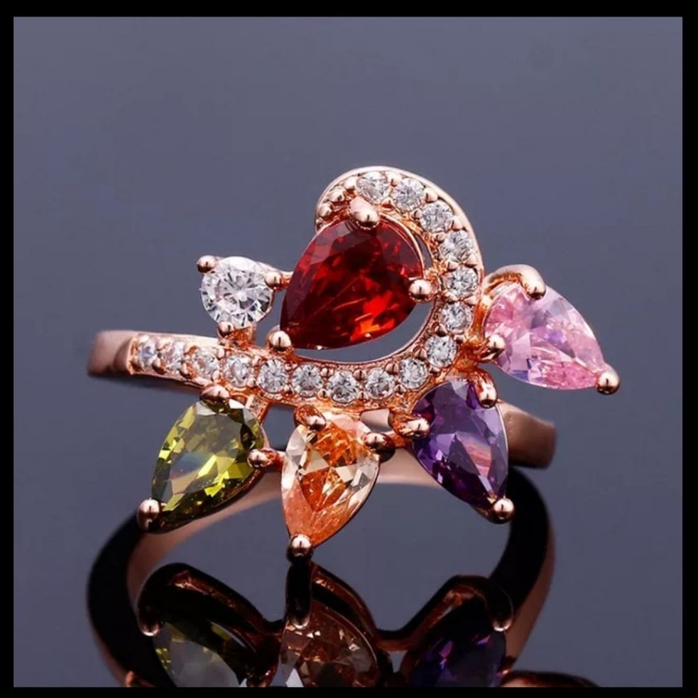 Rose gold plated floral genuine topaz garnet emerald ring new sz 8